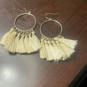 Gold Hoop Earrings with Cream Tassels